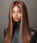 Golden Auburn Balayage Highlights On Brown Straight Wig Glueless 6x4 Pre Cut Lace Wig 100% Human Hair