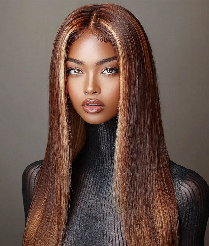 Golden Auburn Balayage Highlights On Brown Straight Wig Glueless 6x4 Pre Cut Lace Wig 100% Human Hair