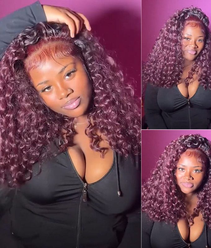 T1B/99J Dark Burgundy Water Wave Human Hair Curly 13x6 HD Lace Frontal Wigs Pre Plucked Hairline