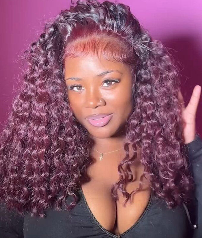 T1B/99J Dark Burgundy Water Wave Human Hair Curly 13x6 HD Lace Frontal Wigs Pre Plucked Hairline