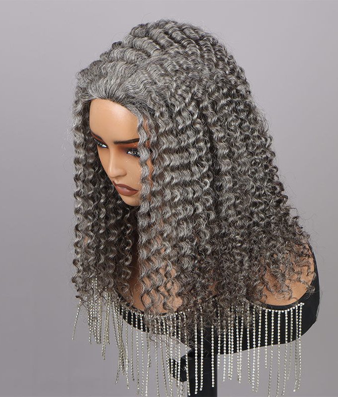 Standard Salt & Pepper Kinky Curly 3 In 1 Half Wig Beginner Friendly Glueless 3/4 Wig 100% Human Hair