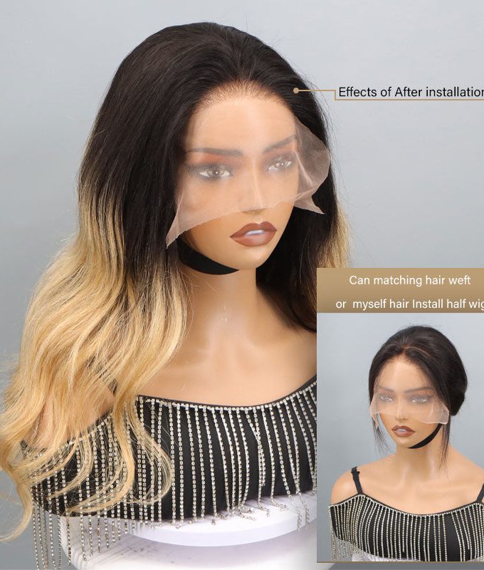 T1B/27 Body Wave Ombre Honey Blonde 3 In 1 Half Wig Beginner Friendly Glueless 3/4 Wig 100% Human Hair