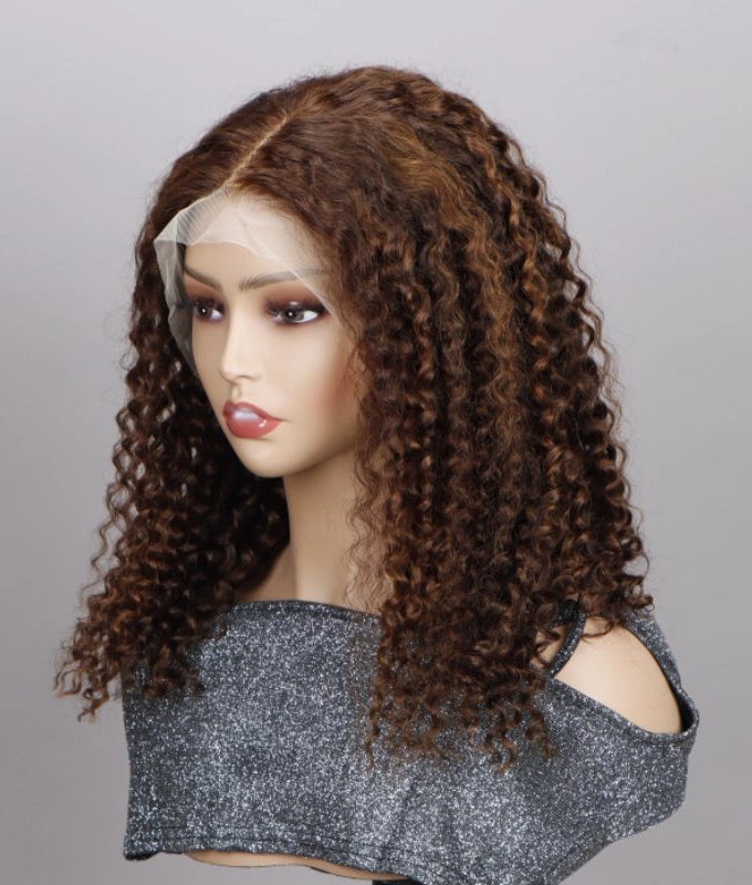#4 Brown Curly Human Hair Wigs Pre Plucked 13x4 HD Lace Frontal Wig For Women 180% Density