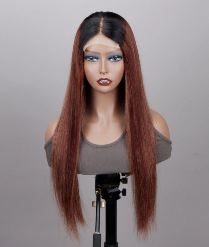 Straight Human Hair Wig Ombre 4x4 HD Lace Wigs Dark Auburn Brown with Black Roots