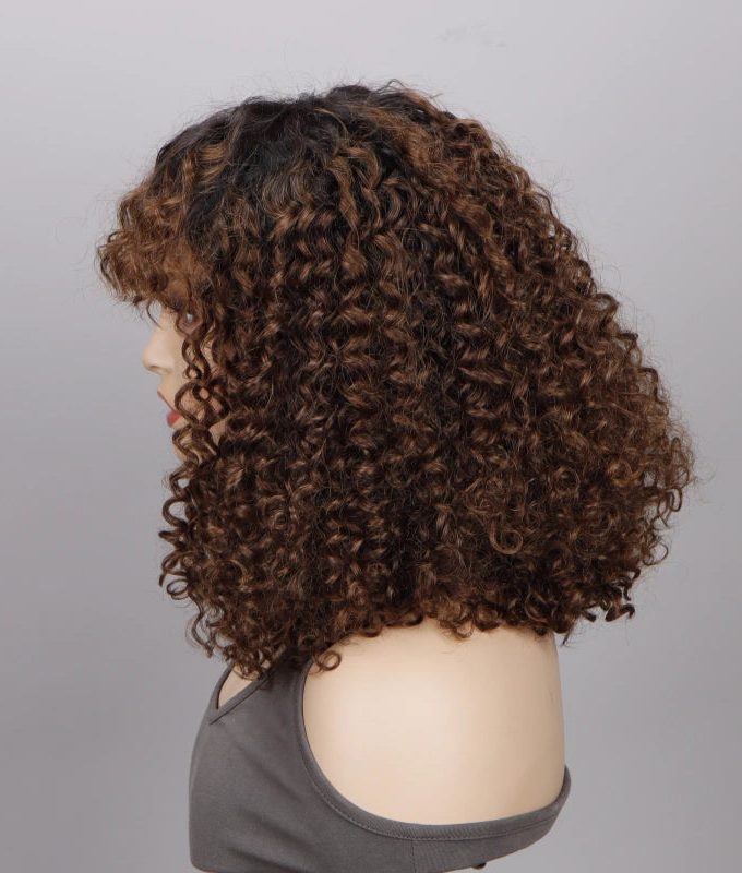 Ombre Curly Bob Wig With Bangs 4x4 HD Lace Wig Brown Hair With Black Roots 180 Density