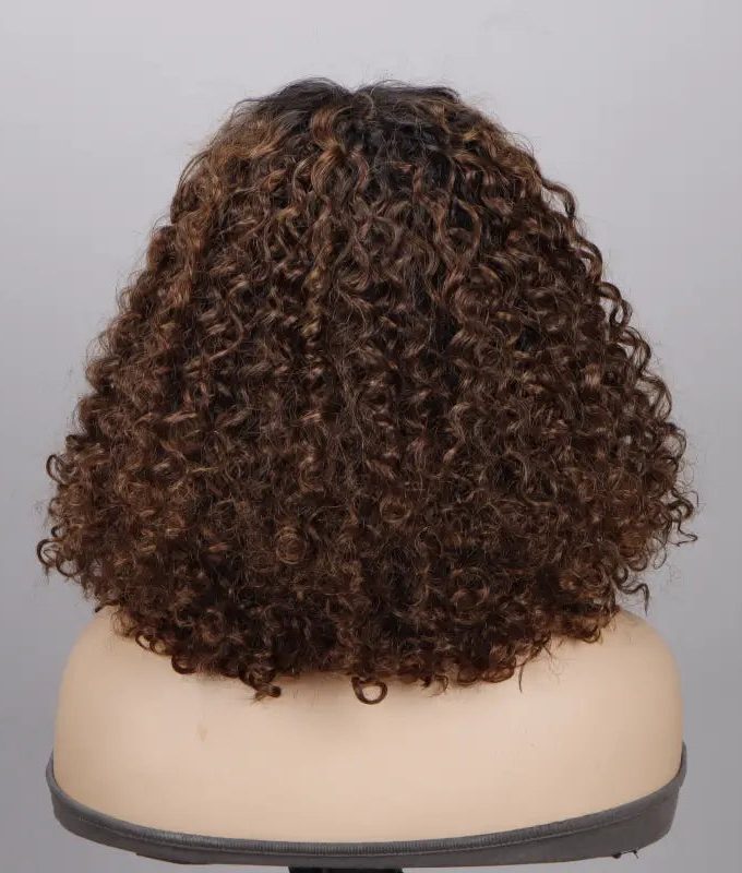 Ombre Curly Bob Wig With Bangs 4x4 HD Lace Wig Brown Hair With Black Roots 180 Density