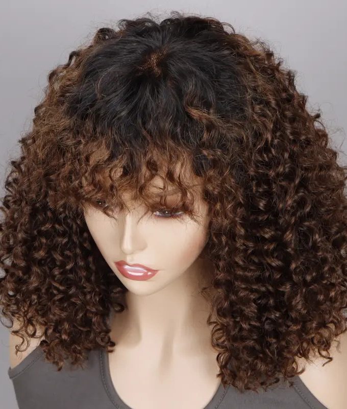 Ombre Curly Bob Wig With Bangs 4x4 HD Lace Wig Brown Hair With Black Roots 180 Density