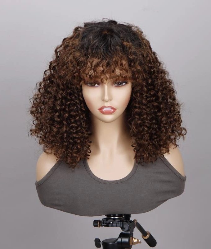 Ombre Curly Bob Wig With Bangs 4x4 HD Lace Wig Brown Hair With Black Roots 180 Density