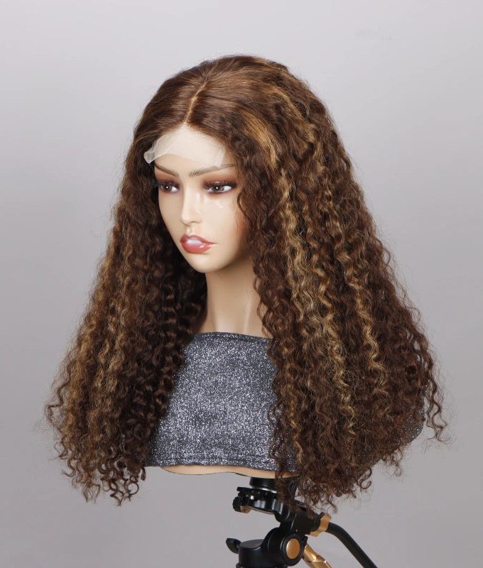 Long Curly Human Hair Wigs Blonde Balayage Highlight HD Lace Wigs 180% Density