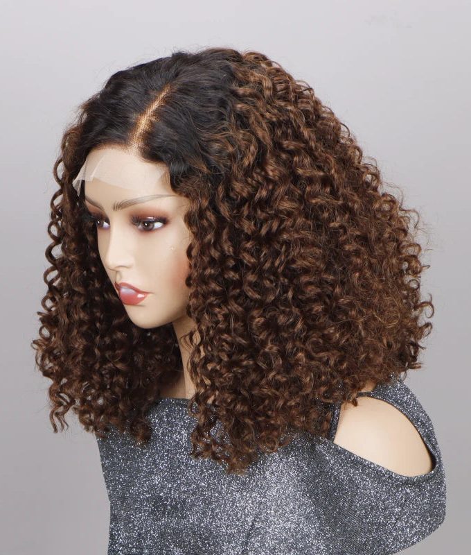 Jerry Curly Wigs Ombre Brown 4x4 HD Lace Closure Wig Glueless Human Hair Wig Side Part Short Curly Wig