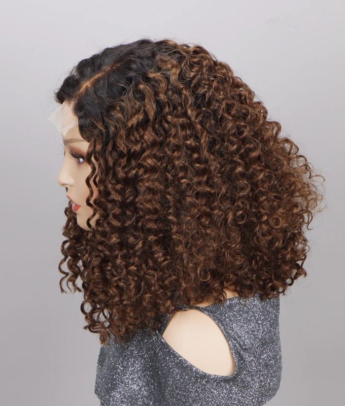 Jerry Curly Wigs Ombre Brown 4x4 HD Lace Closure Wig Glueless Human Hair Wig Side Part Short Curly Wig