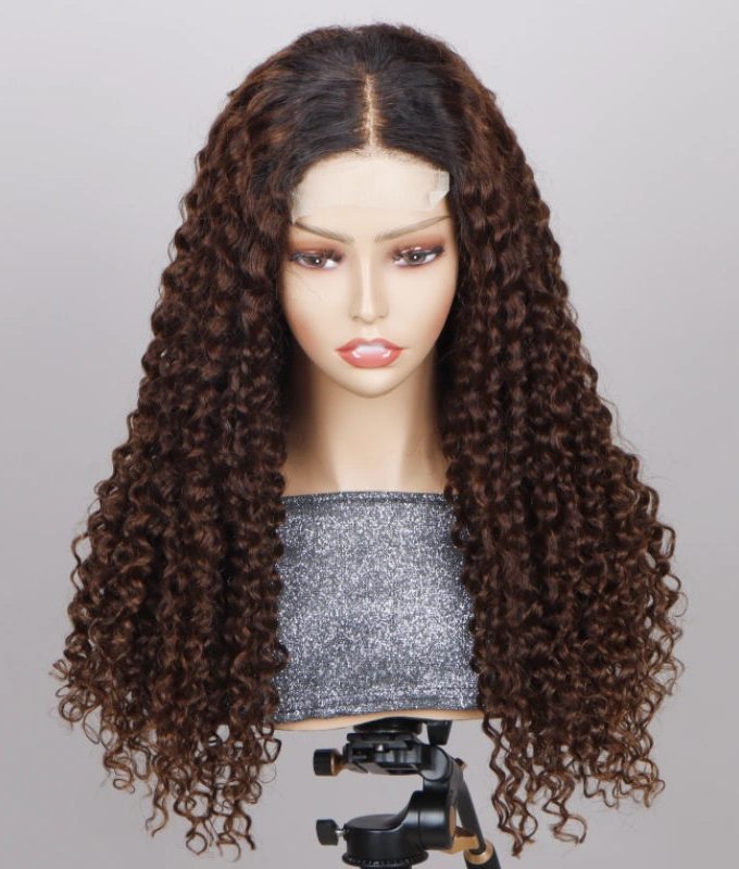 4x4 Lace Closure Wigs Long Ombre Brown Curly Human Hair Wig with Dark Roots 180 Density