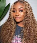 Highlight Curly Human Hair Wig Brown with Blonde Highlights 4x4 HD Lace Wig