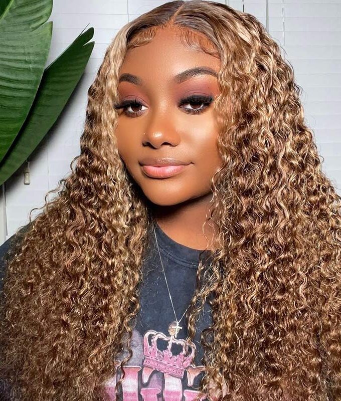 Highlight Curly Human Hair Wig Brown with Blonde Highlights 4x4 HD Lace Wig