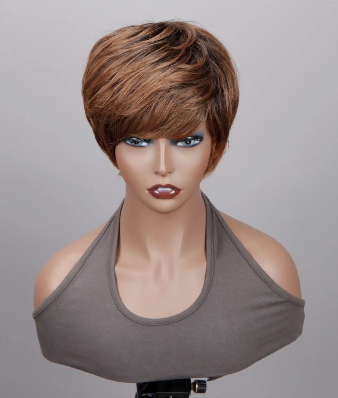 Ombre Caramel Brown Short Pixie Cut Wig Straight Human Hair