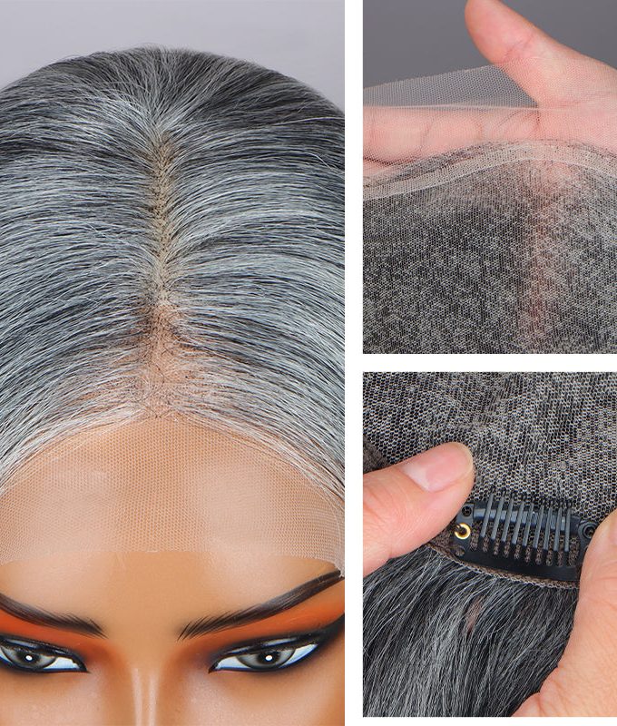 Instant Salt and Pepper Human Hair Topper 9"x6" Swiss Lace Frontal Straight Hair Crown Piece for Women