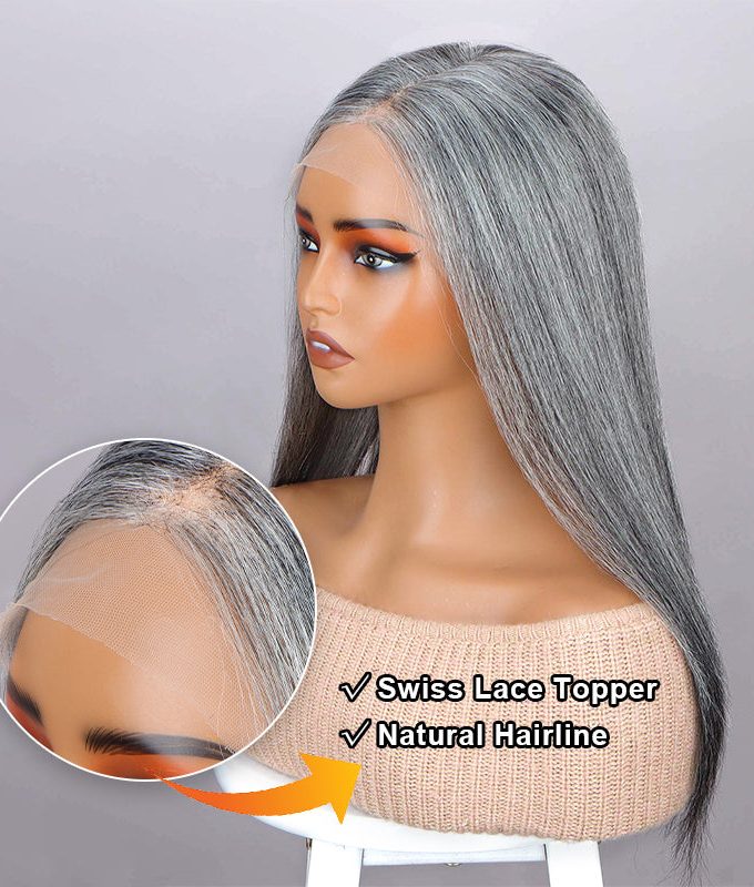 Instant Salt and Pepper Human Hair Topper 9"x6" Swiss Lace Frontal Straight Hair Crown Piece for Women