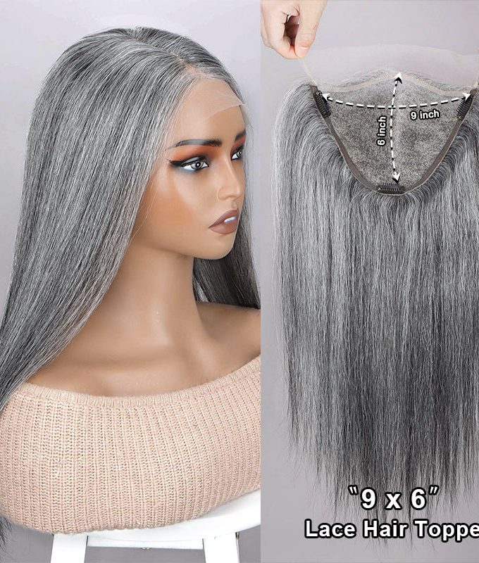 Instant Salt and Pepper Human Hair Topper 9"x6" Swiss Lace Frontal Straight Hair Crown Piece for Women