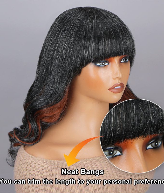 9x6 Glueless Human Hair Wigs With Bangs Reddish Brown Peekaboo Highlight Loose Body Wave for Black Women