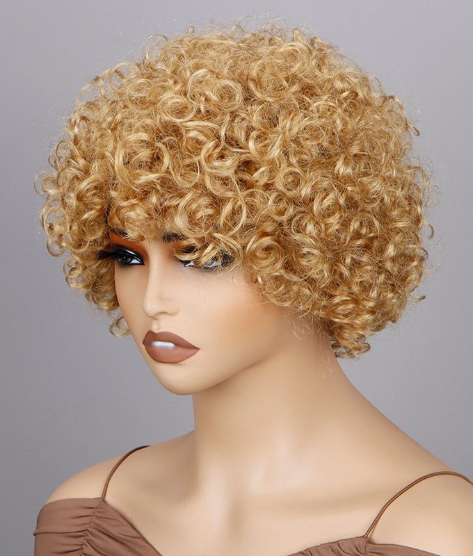 Short Afro Wigs Golden Blonde Boom Bouncy Curly Wig Real Human Hair Glueless Wear And Go Wigs