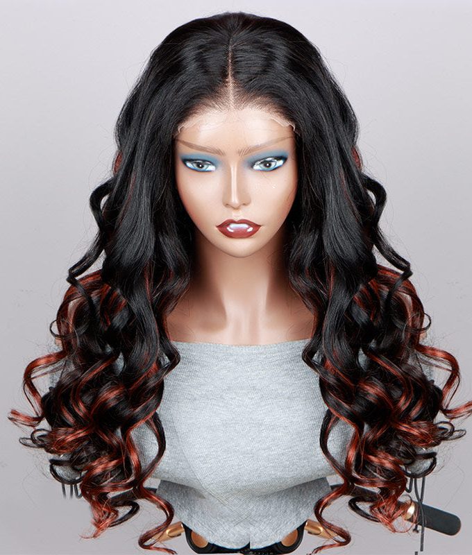 Red Copper Peekaboo Highlight Wig Long Body Wave Hair Glueless 6x4 Pre-cut Lace Wig With Bleached Knots