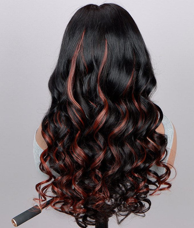 Red Copper Peekaboo Highlight Wig Long Body Wave Hair Glueless 6x4 Pre-cut Lace Wig With Bleached Knots