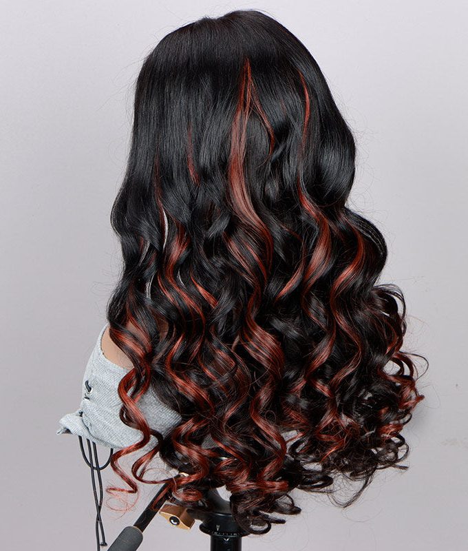 Red Copper Peekaboo Highlight Wig Long Body Wave Hair Glueless 6x4 Pre-cut Lace Wig With Bleached Knots
