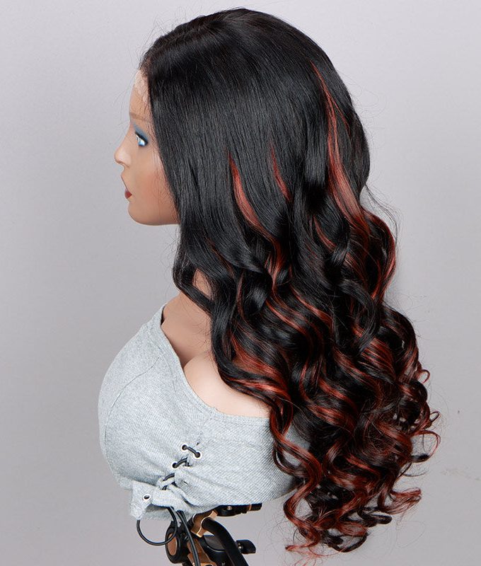 Red Copper Peekaboo Highlight Wig Long Body Wave Hair Glueless 6x4 Pre-cut Lace Wig With Bleached Knots