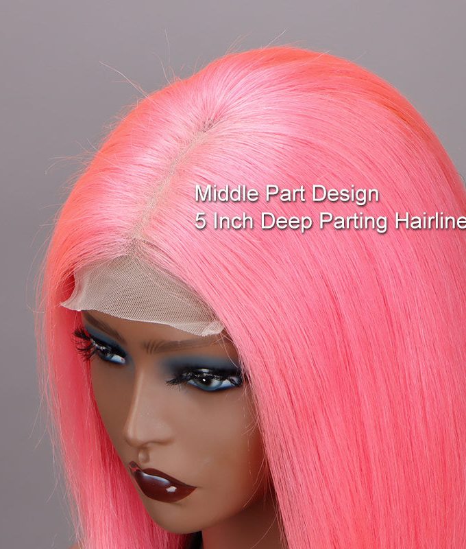 Barbie Pink Bob Silky Straight Human Hair 5x5 HD Lace Closure Wigs Middle Part Lob