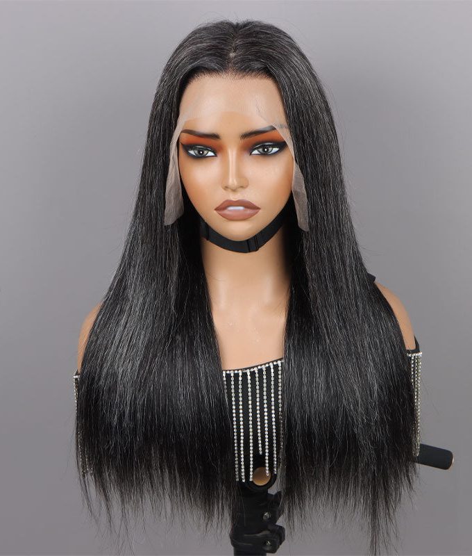 Custom Dark Salt And Pepper Silky Straight Hair Full Frontal 13x4 HD Lace Wig 100% Real Human Hair Pre Plucked Hairline