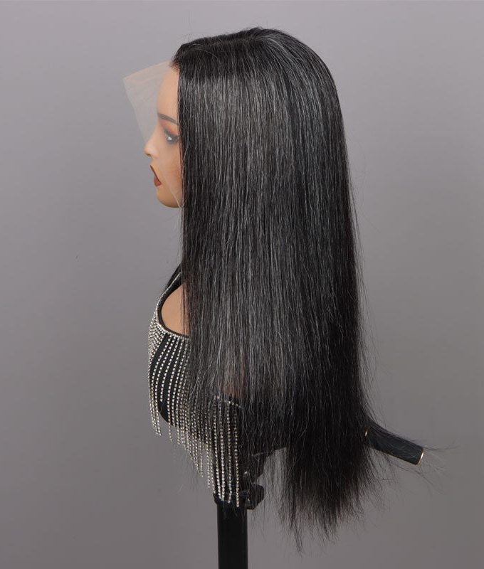 Custom Dark Salt And Pepper Silky Straight Hair Full Frontal 13x4 HD Lace Wig 100% Real Human Hair Pre Plucked Hairline