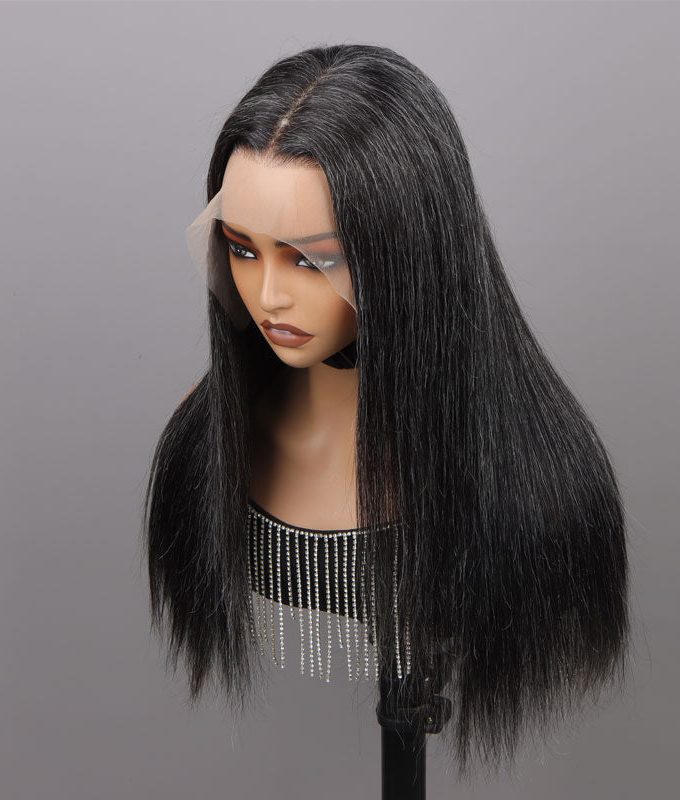 Custom Dark Salt And Pepper Silky Straight Hair Full Frontal 13x4 HD Lace Wig 100% Real Human Hair Pre Plucked Hairline