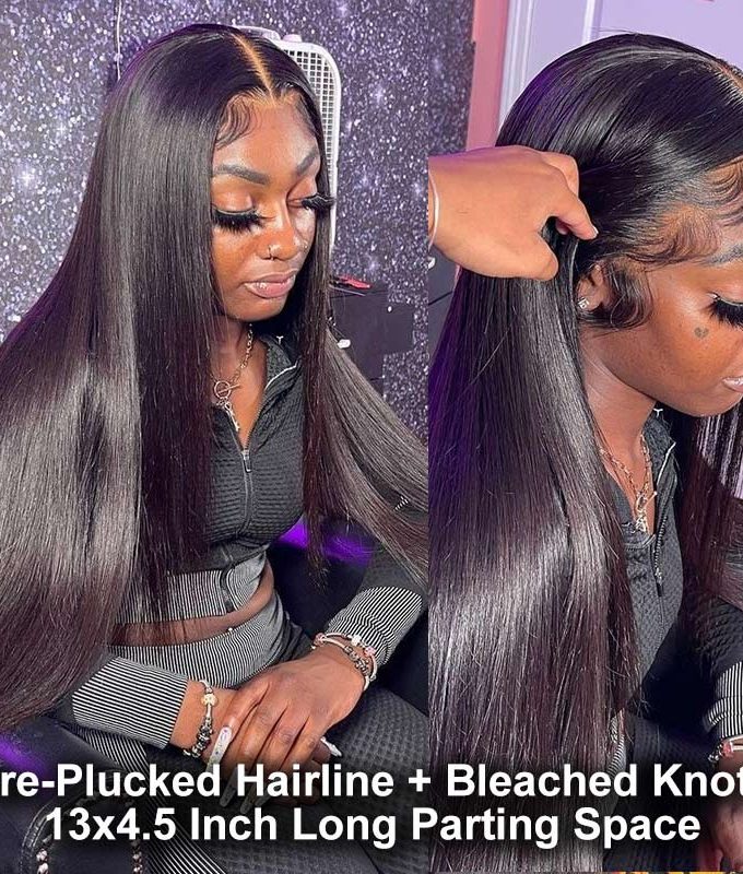 13x4.5 Silky Straight Hair HD Lace Full Frontal Wig Human Hair Pre Plucked With Bleached Knots