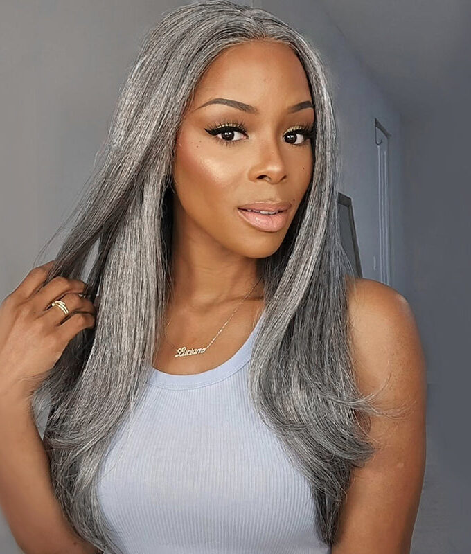 Silver Luxe Gray 13x4 HD Lace Full Frontal Wig Straight Human Hair Salt And Pepper Wig For Women
