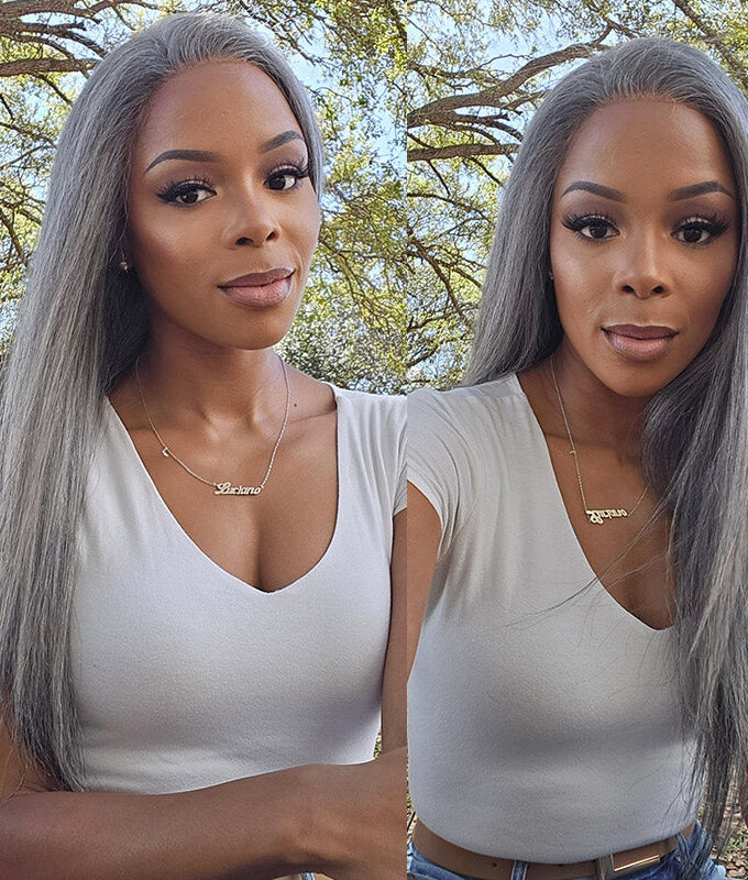 New Fashion Gray Full Frontal 13x4 HD Lace Wig Straight Human Hair Standard Salt And Pepper Wig