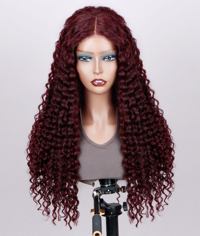 99J Dark Burgundy Jerry Curly Wig Long Human Hair 5x5 HD Lace Middle Part Wigs