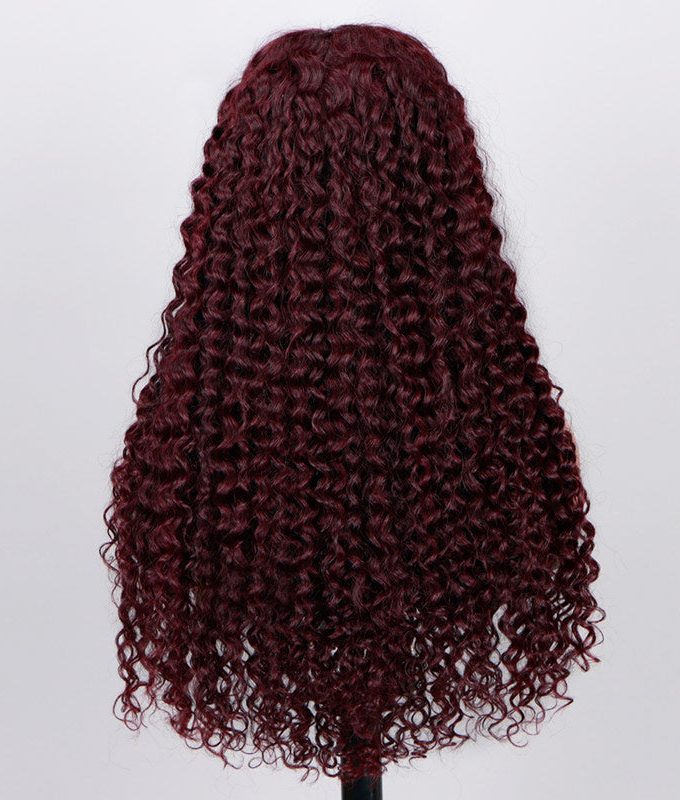 99J Dark Burgundy Jerry Curly Wig Long Human Hair 5x5 HD Lace Middle Part Wigs