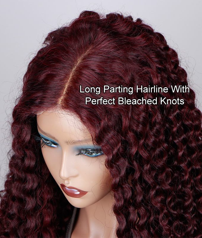 99J Dark Burgundy Jerry Curly Wig Long Human Hair 5x5 HD Lace Middle Part Wigs