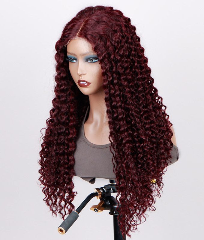 99J Dark Burgundy Jerry Curly Wig Long Human Hair 5x5 HD Lace Middle Part Wigs