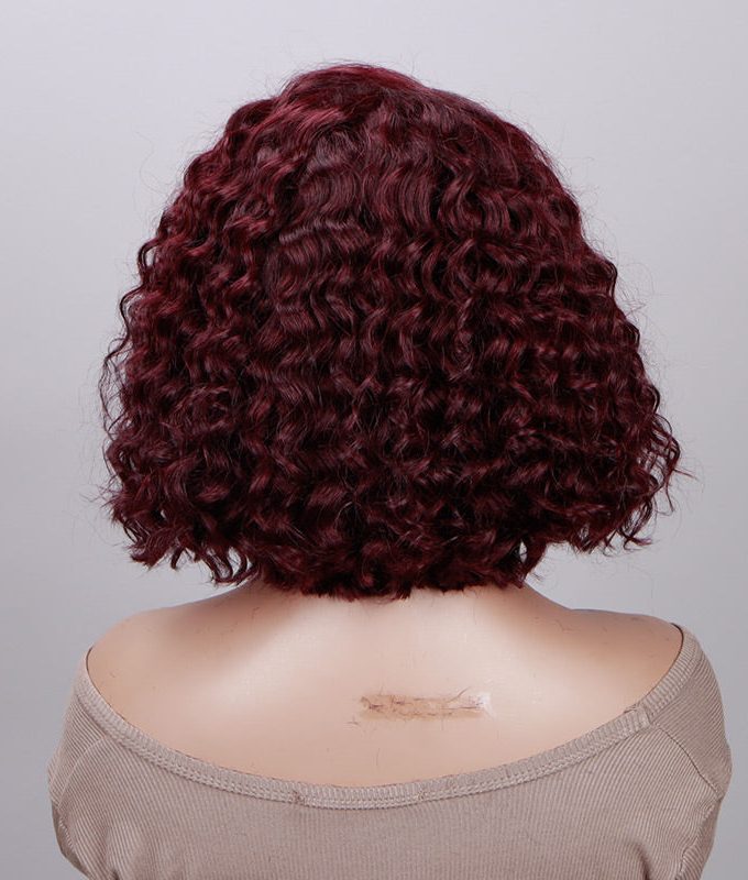 99j Dark Burgundy Water Wave Curly Bob 5x5 HD Lace Glueless Human Hair Wigs Side C-Part
