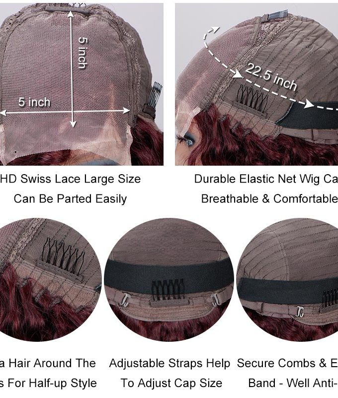 99j Dark Burgundy Water Wave Curly Bob 5x5 HD Lace Glueless Human Hair Wigs Side C-Part