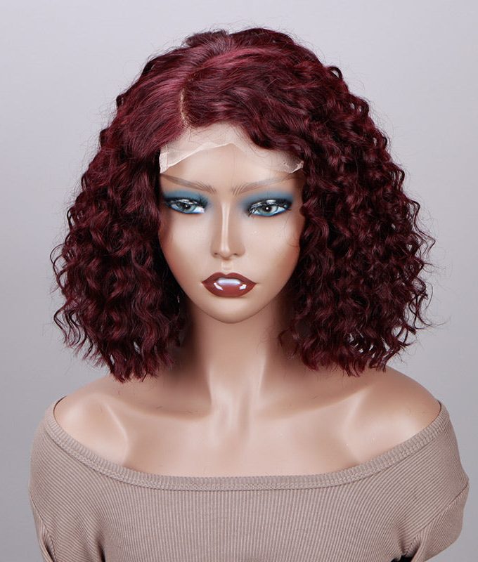 99j Dark Burgundy Water Wave Curly Bob 5x5 HD Lace Glueless Human Hair Wigs Side C-Part
