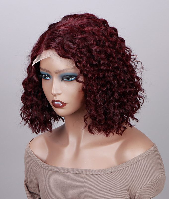 99j Dark Burgundy Water Wave Curly Bob 5x5 HD Lace Glueless Human Hair Wigs Side C-Part
