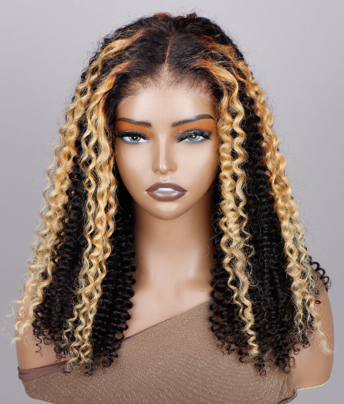 Ready To Go 6x4 Pre Cut Lace Glueless Wig Golden Blonde Highlights On Dark Kinky Curly Human Hair