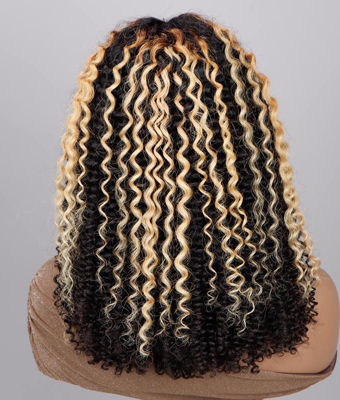 Ready To Go 6x4 Pre Cut Lace Glueless Wig Golden Blonde Highlights On Dark Kinky Curly Human Hair