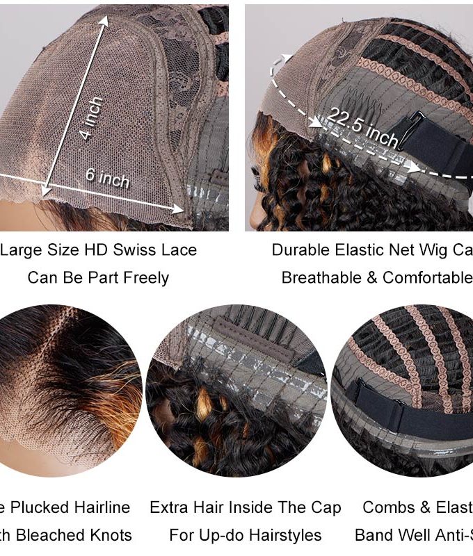 Ready To Go 6x4 Pre Cut Lace Glueless Wig Golden Blonde Highlights On Dark Kinky Curly Human Hair