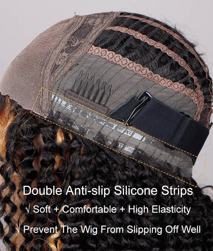 Ready To Go 6x4 Pre Cut Lace Glueless Wig Golden Blonde Highlights On Dark Kinky Curly Human Hair