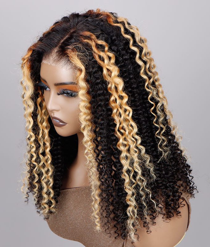 Ready To Go 6x4 Pre Cut Lace Glueless Wig Golden Blonde Highlights On Dark Kinky Curly Human Hair