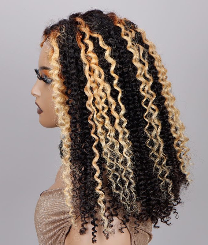 Ready To Go 6x4 Pre Cut Lace Glueless Wig Golden Blonde Highlights On Dark Kinky Curly Human Hair