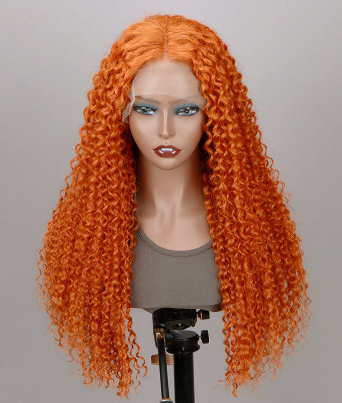 #350 Ginger Orange Jerry Curly Human Hair 13x4 HD Lace Full Frontal Wig With Perfect Bleached Knots